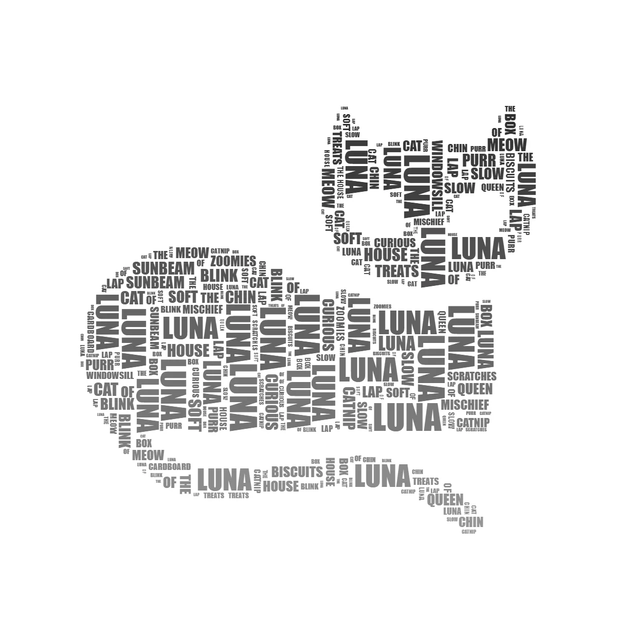 Cat-shaped word art filled with words like PURR, SUNBEAM, ZOOMIES, with LUNA large