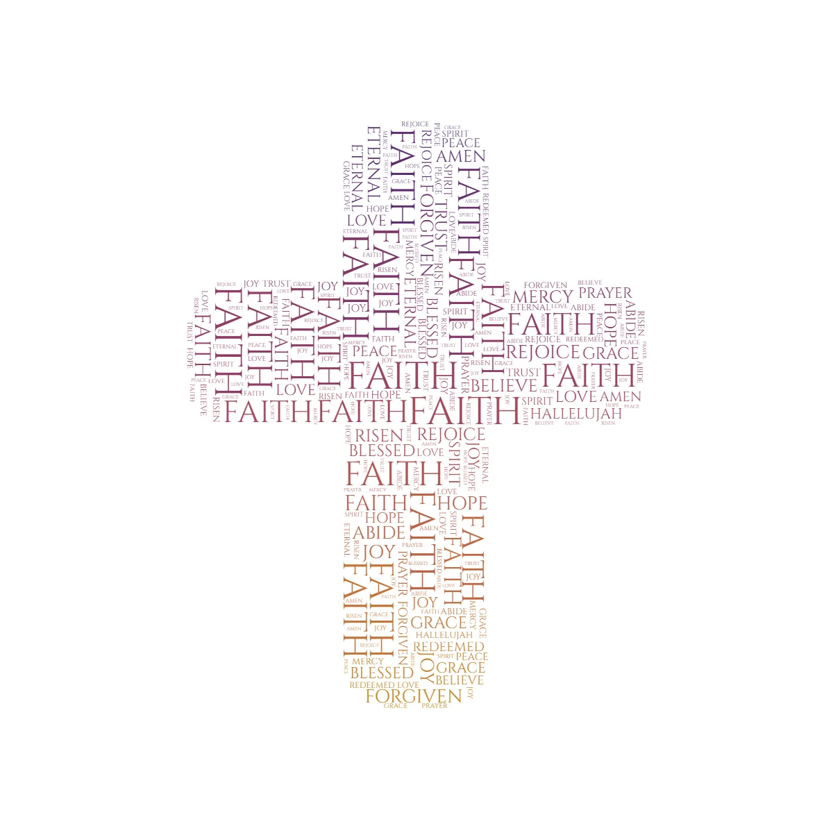 Christian cross word art filled with belief words like FAITH, HOPE, GRACE, MERCY, and AMEN, with FAITH large