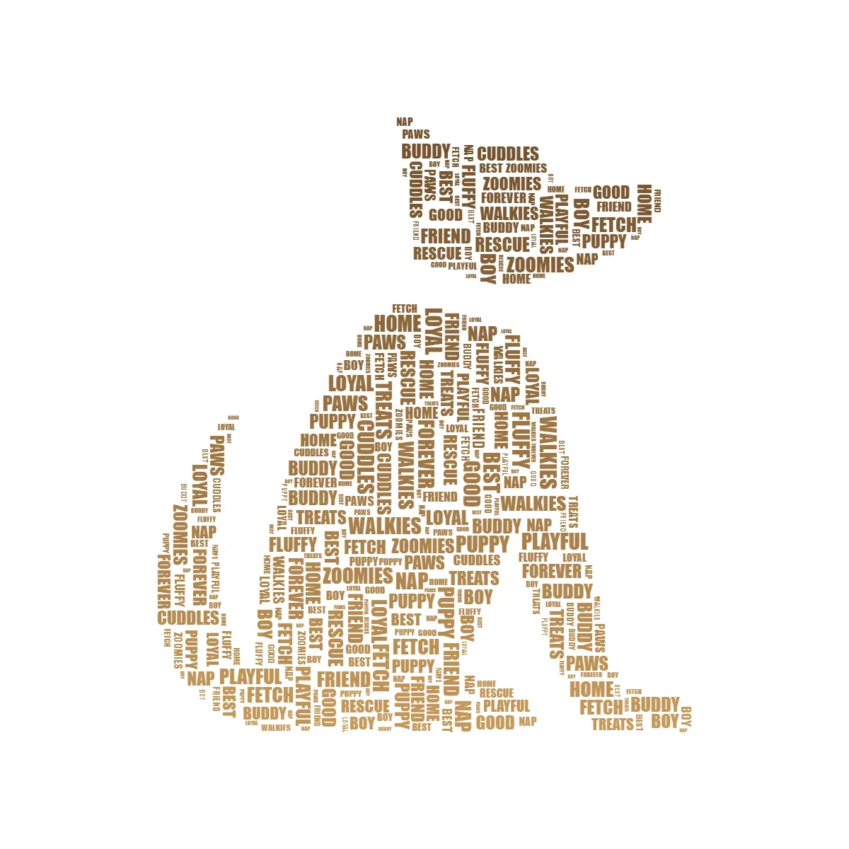 Dog-shaped word art filled with pet words like BEST FRIEND, LOYAL, FETCH and ZOOMIES