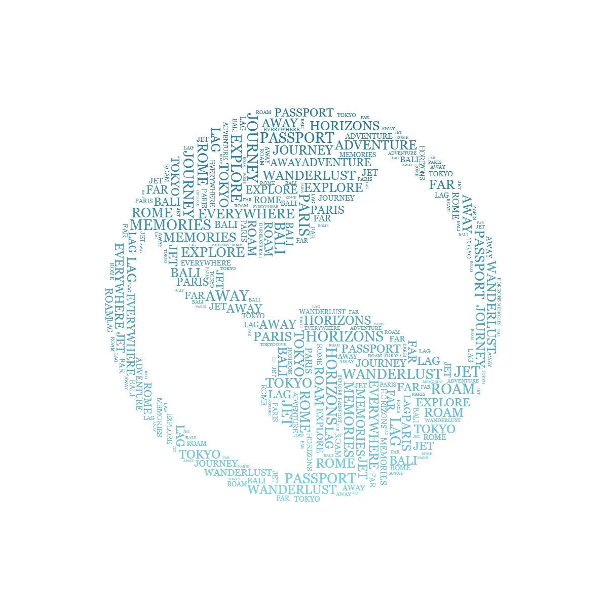Globe-shaped word art filled with travel words like ADVENTURE, PARIS, TOKYO and WANDERLUST