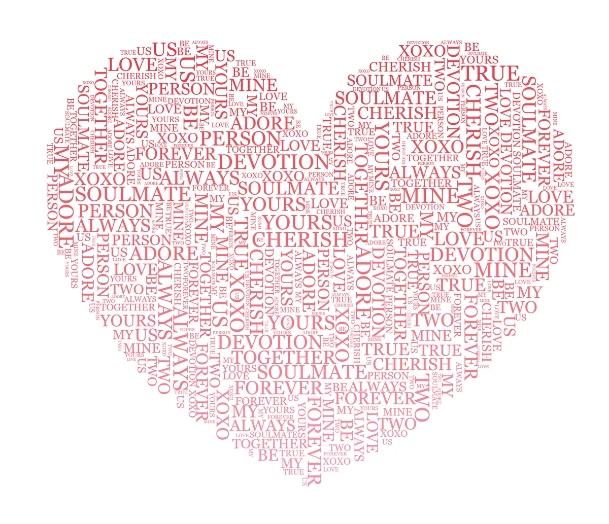 A heart-shaped word cloud packed with names, dates, and favorite words — a real example made in the editor