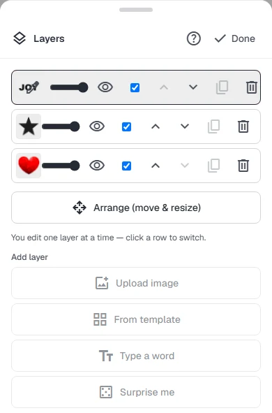 The Layers panel showing three stacked rows, each with an opacity slider, a visibility eye, and an include checkbox