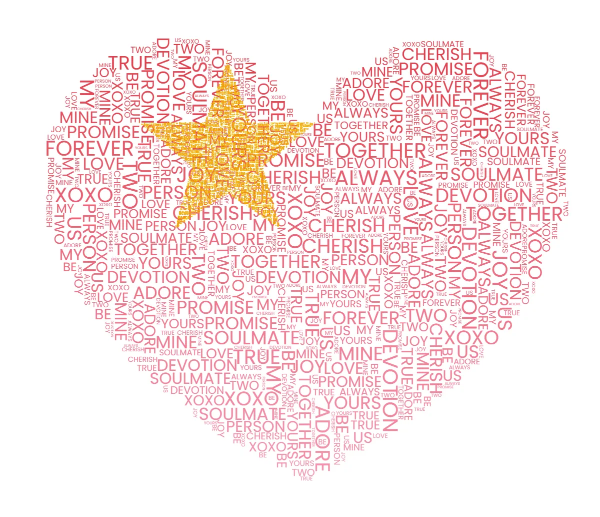 A second, smaller word-art design arranged onto the heart, both layers visible