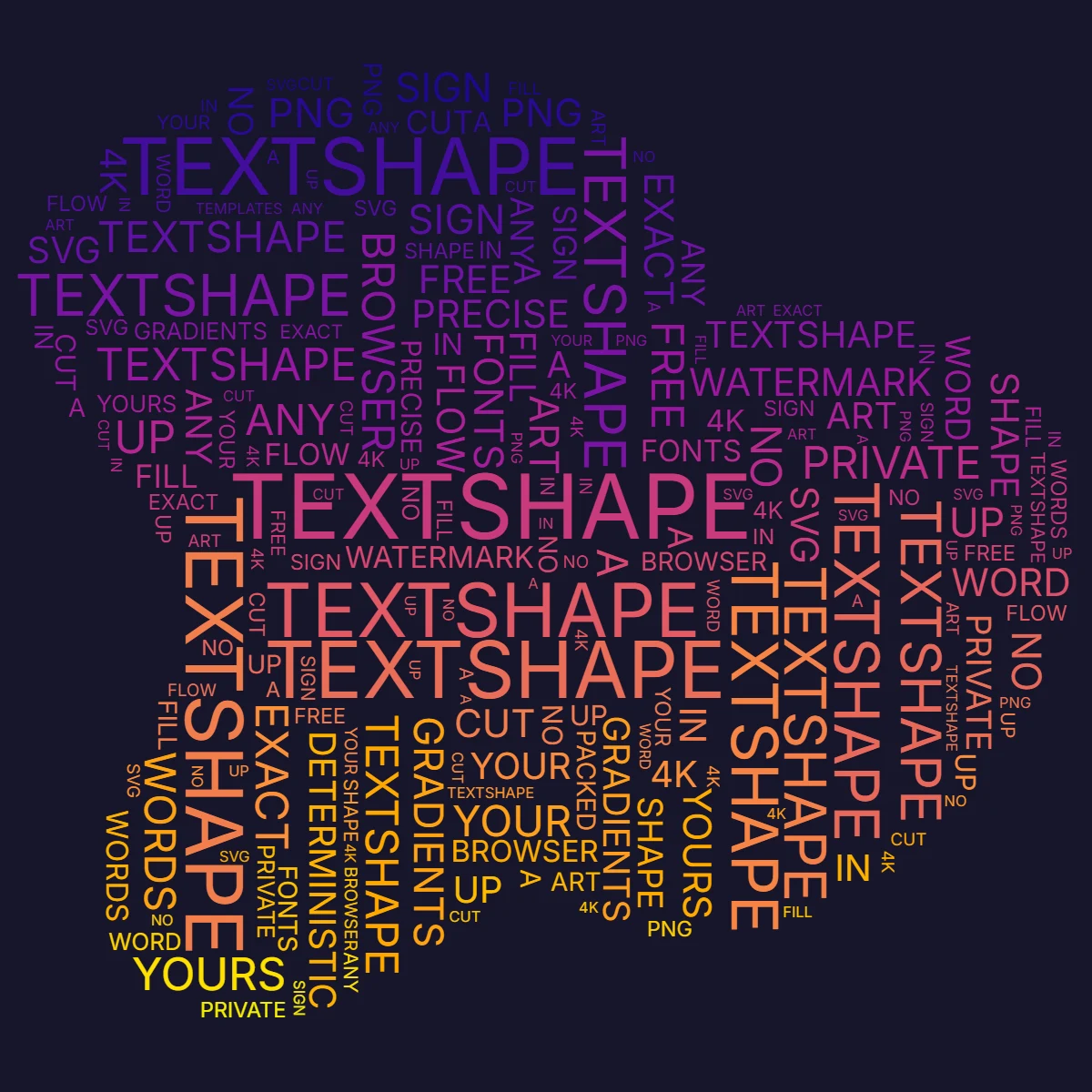 Word art in the shape of the TextShape logo mark, its silhouette filled edge-to-edge with brand words like TEXTSHAPE, EXACT, PRECISE, and YOURS in a purple-to-gold gradient on dark indigo