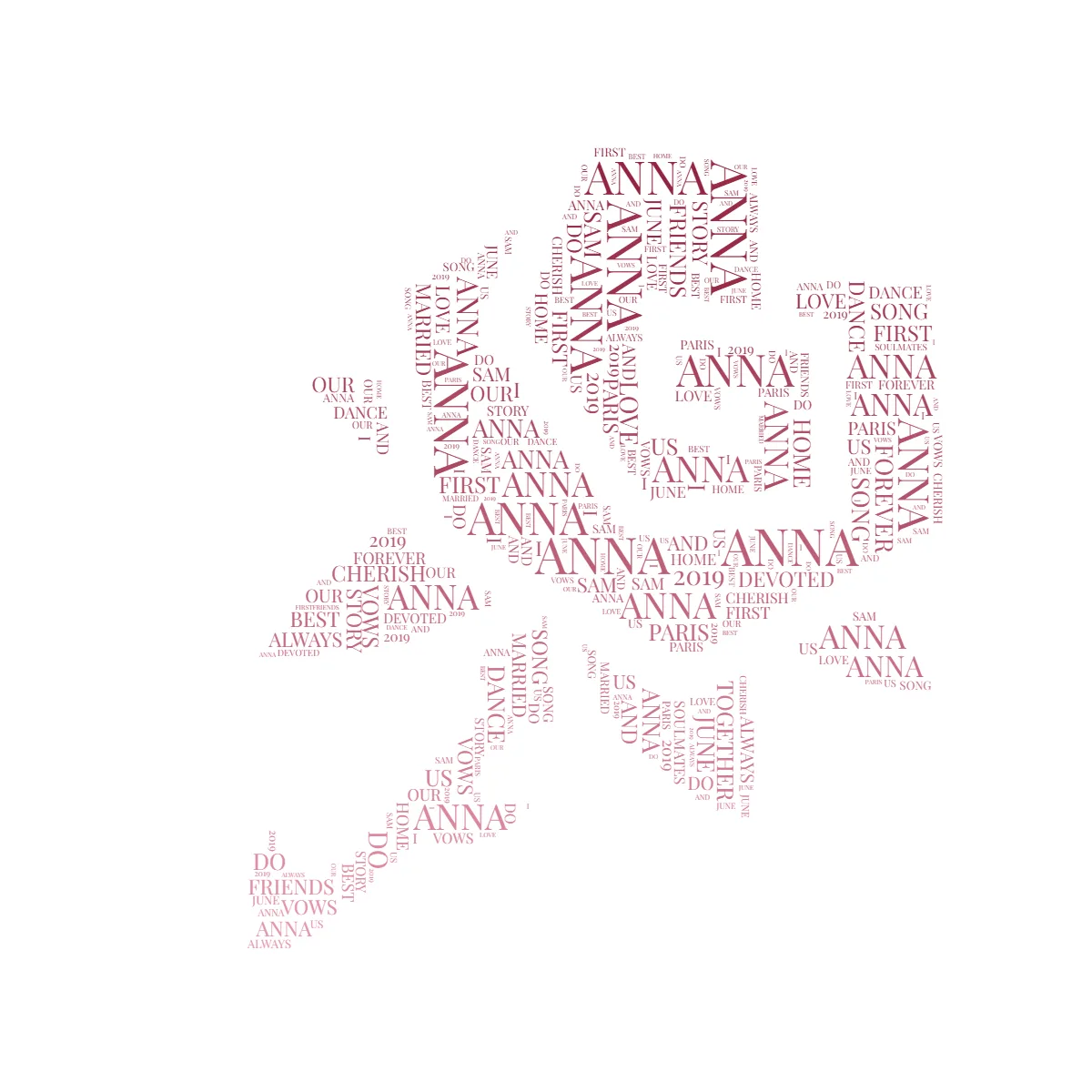 Rose-shaped word art for an anniversary, filled with words like FOREVER, OUR SONG, VOWS, with ANNA AND SAM large