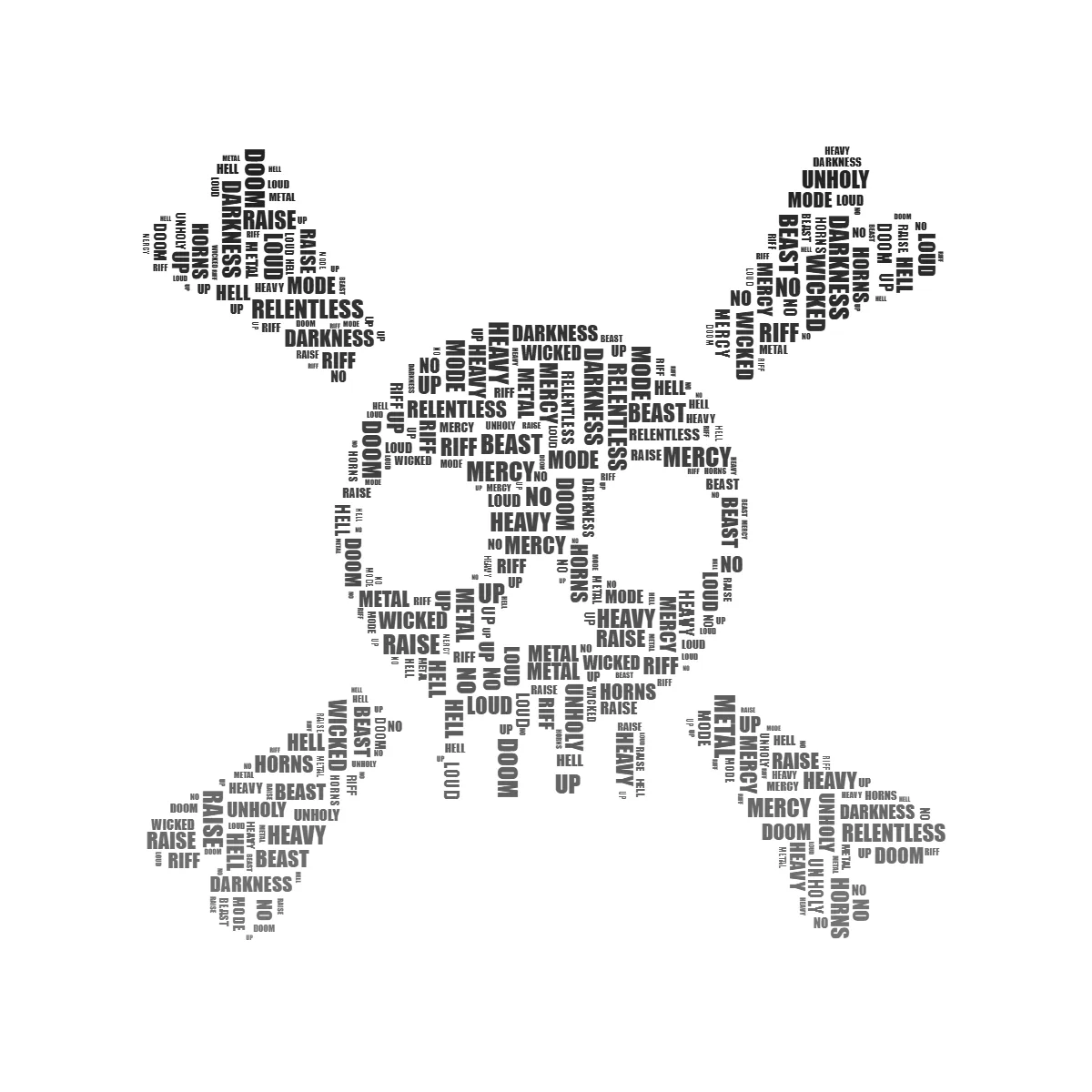 Skull-shaped word art filled with words like METAL, DARKNESS and RELENTLESS