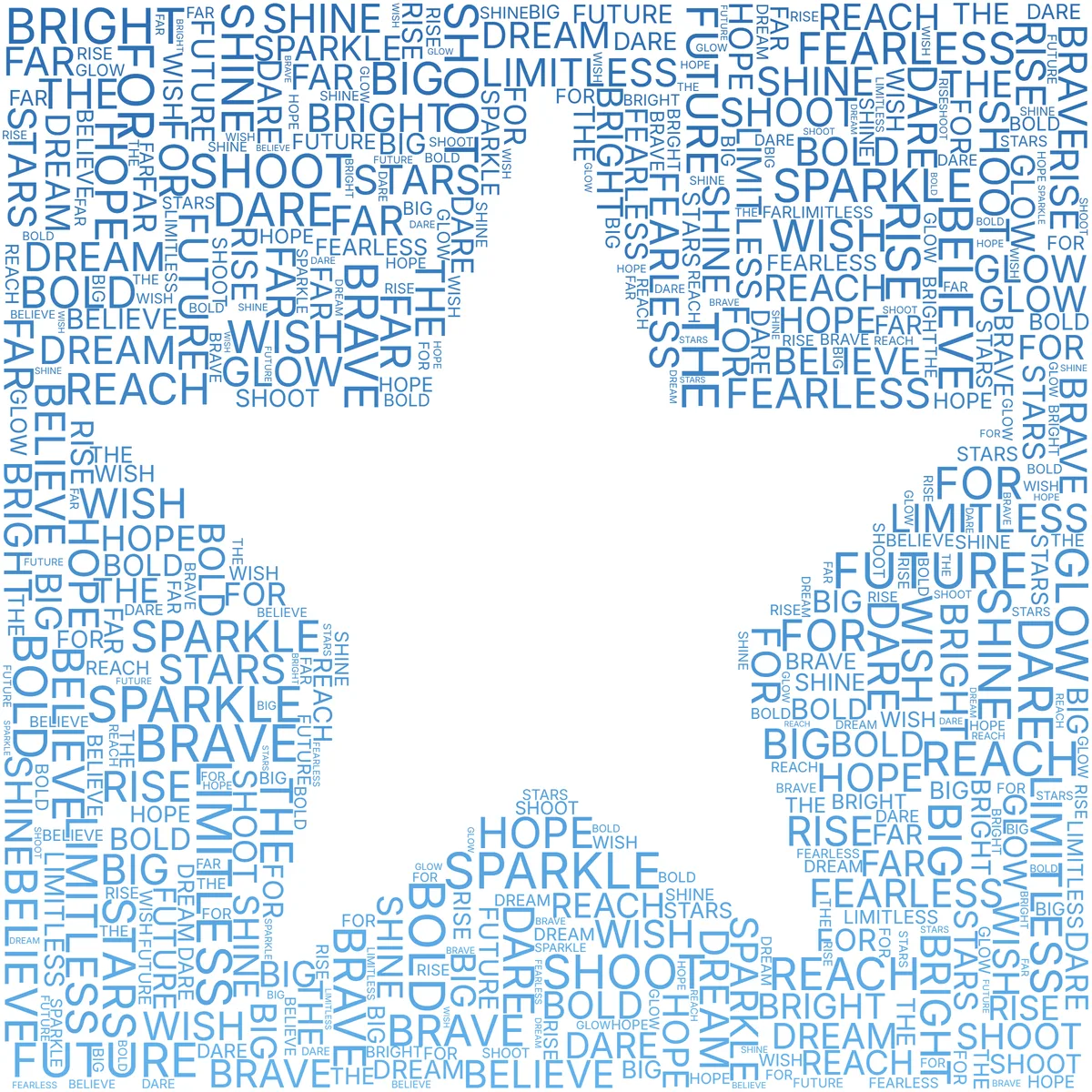 Inverted word cloud fill, words packed around a star silhouette leaving the star shape empty