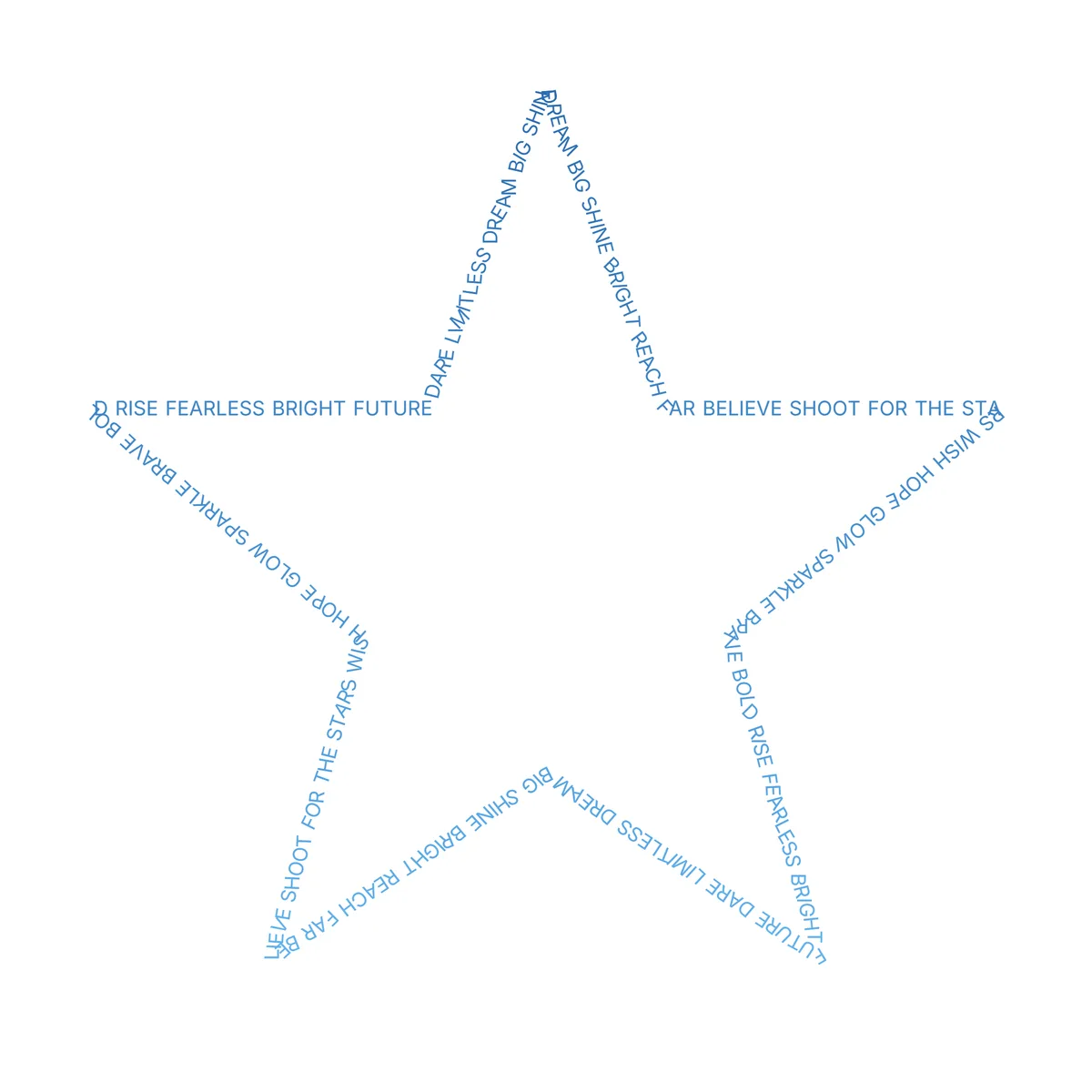 Star-shaped word art in Outline fill style, words bending along the silhouette edge