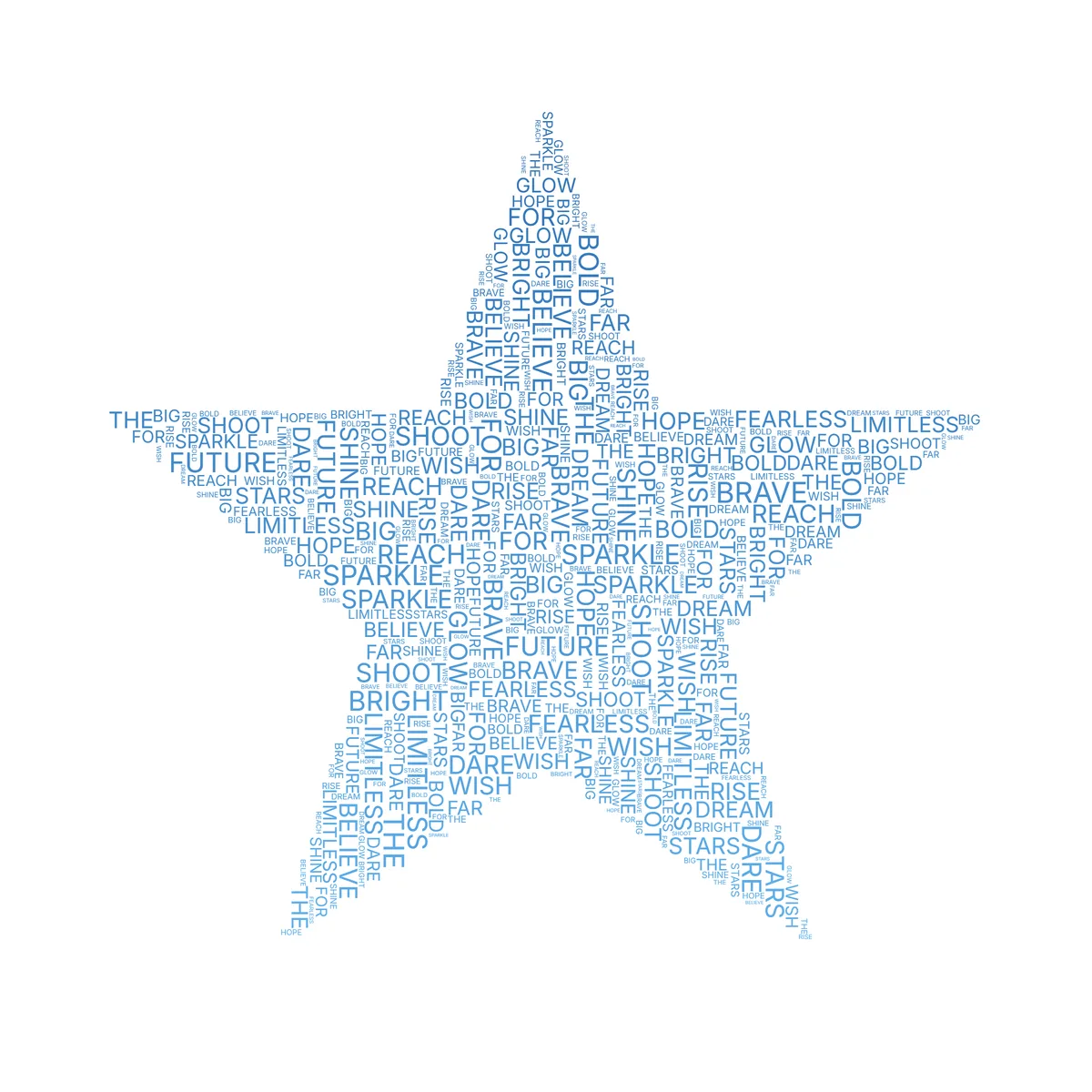 Packed fill style word art: star silhouette packed edge to edge as an interlocking word cloud