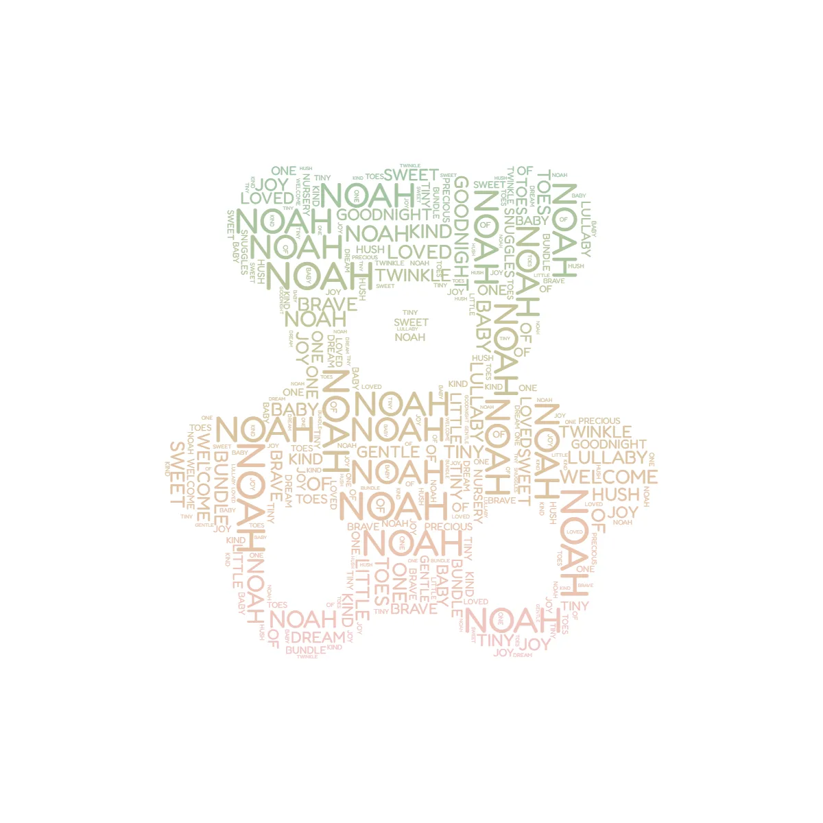 Teddy-bear word art for a baby shower, filled with soft words like DREAM, LULLABY, LITTLE ONE, with NOAH large