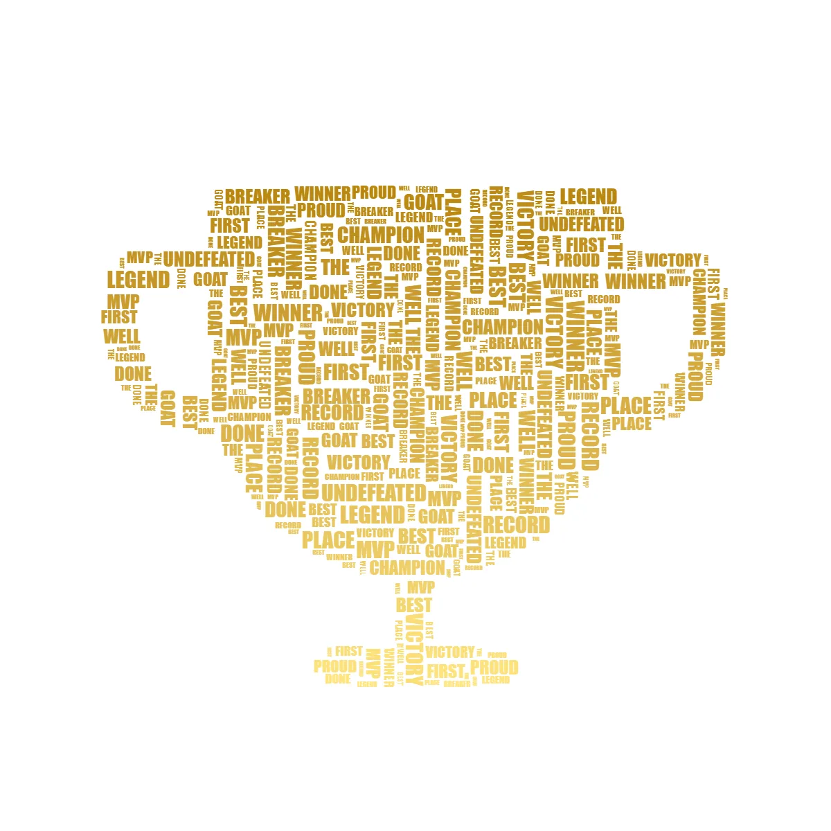 Trophy-shaped word art filled with words like CHAMPION, MVP, LEGEND and VICTORY